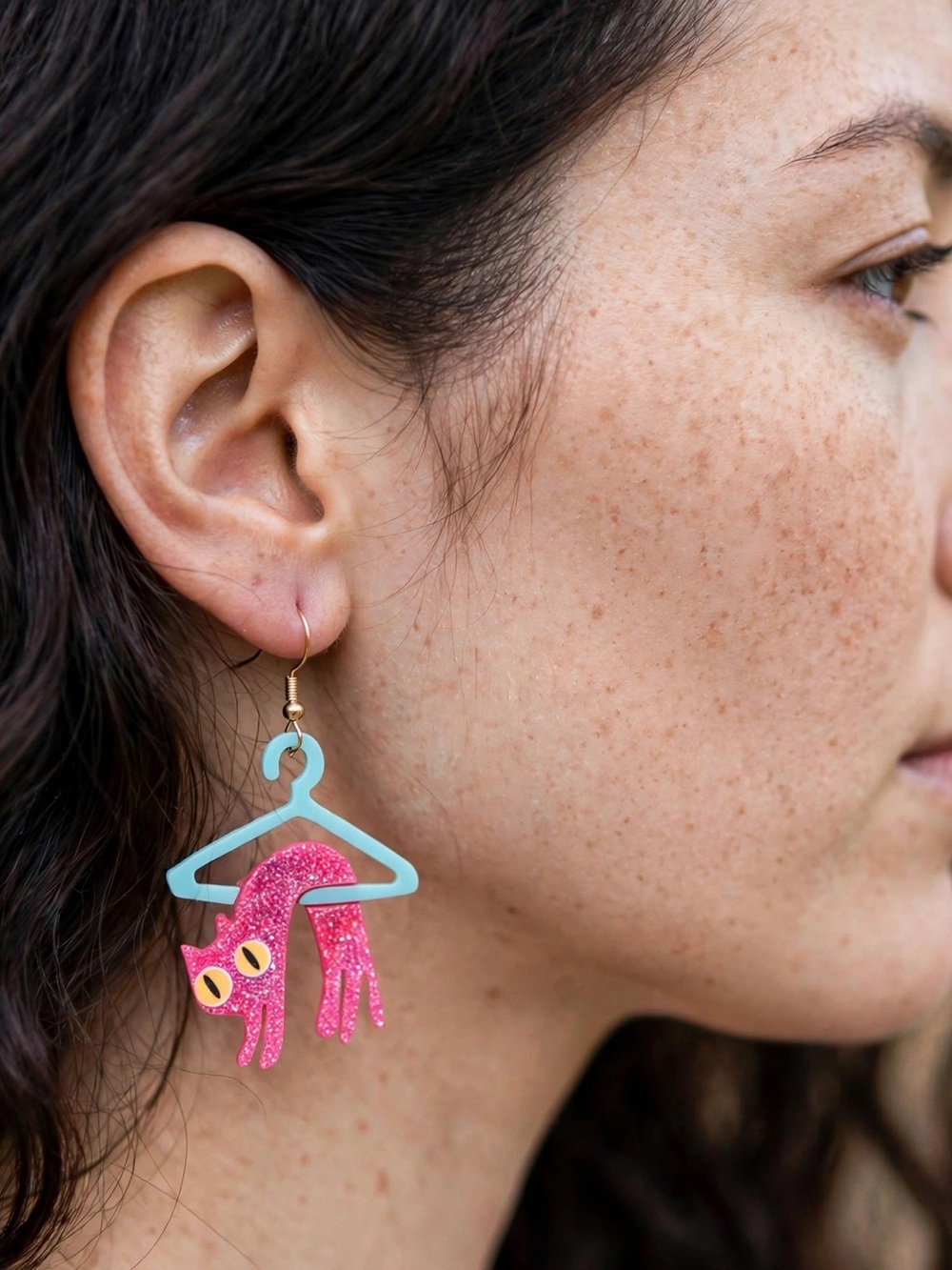 Pink Glitter Cat Hanger Drop Earrings - Women Accessories